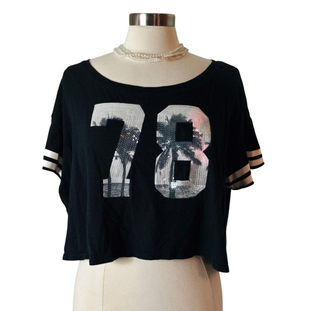 Women XL Black Crop Tee Sequin 78 Palm Tree Oversized Sporty Hip Hop Athleisure